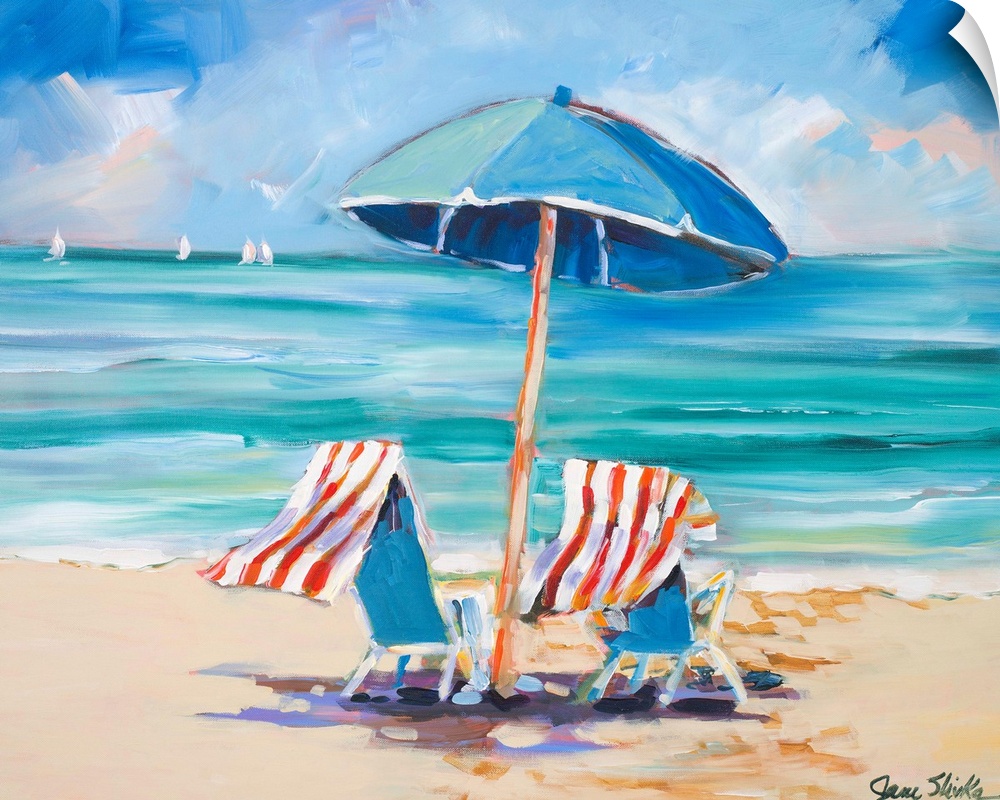 Painting of two beach chairs and umbrella at the water's edge.  There are sail boats in the distance.