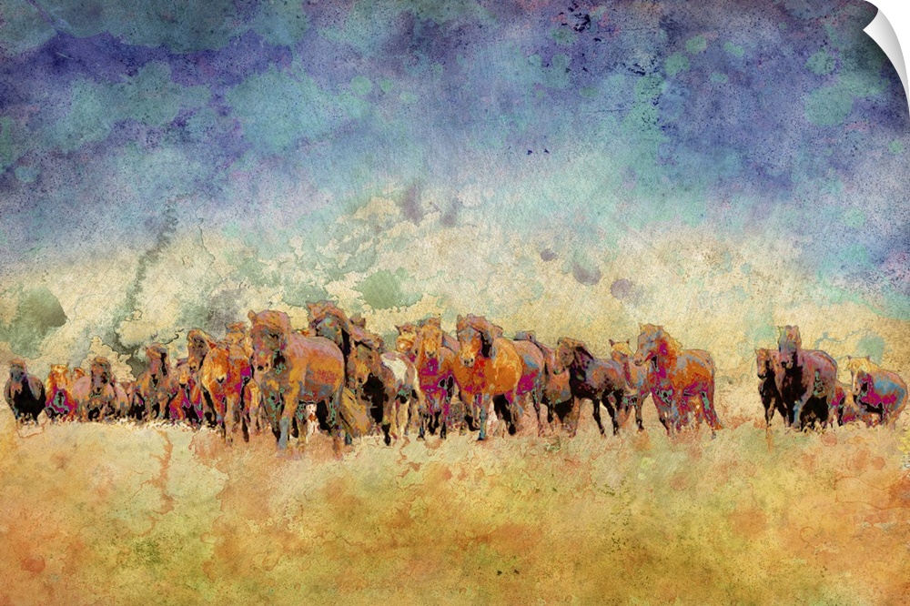 Abstract painting of a herd of colorful horses on a watercolor yellow-orange and blue-purple background.