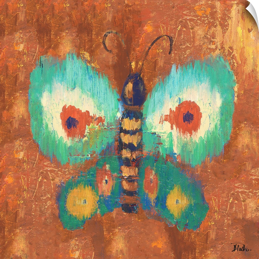 Vivid painting of a butterfly with spotted wings on an orange background.