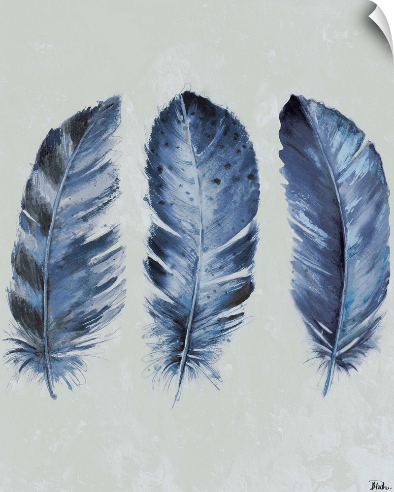 Painting of three dark blue feathers of varying patterns.