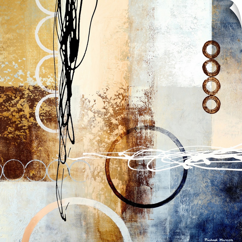 Contemporary abstract painting of circles varying in color and size that are overlain with ink scribbles.  The background ...