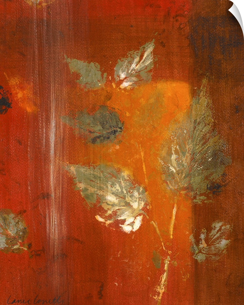Contemporary artwork in oranges and reds with leaf imprints.