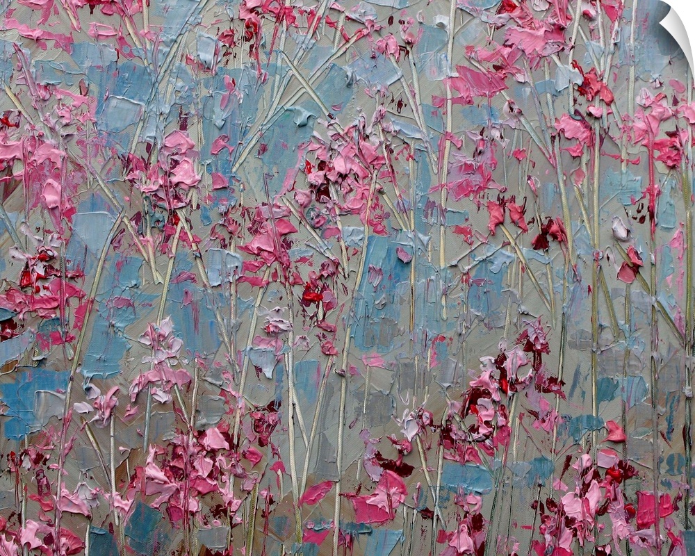 Contemporary abstract painting resembling little red flowers against a blueish background.
