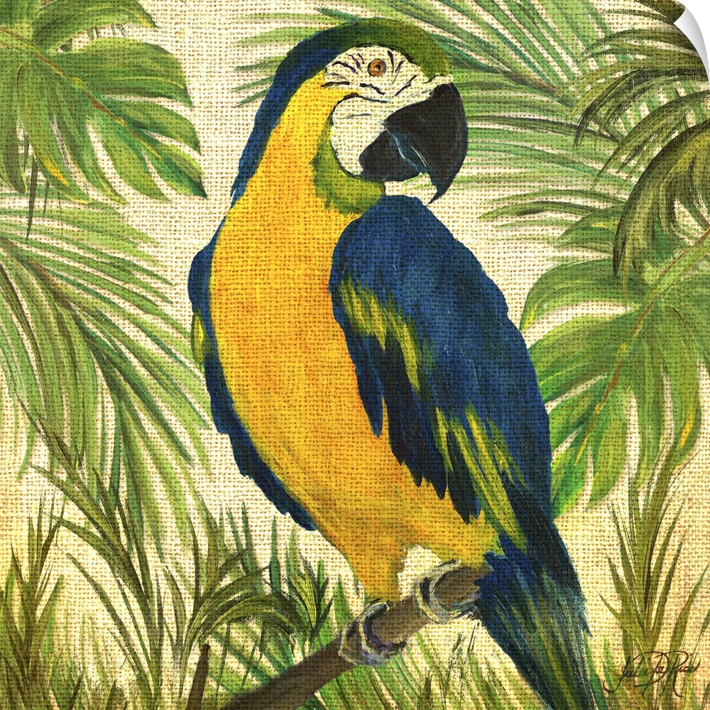 Square contemporary painting of a parrot on a branch surrounded by lush green trees and plants on a burlap background.