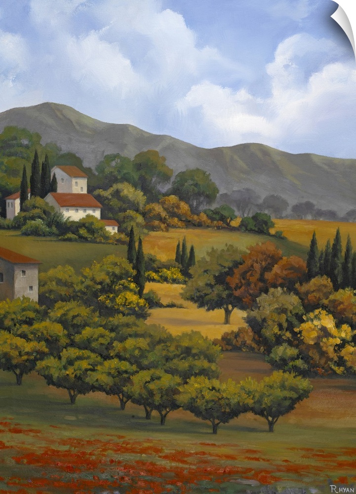 Vertical painting on canvas of a countryside near a village in Italy.