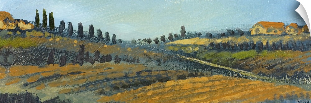 Panoramic painting of countryside with rolling hills with rowed fills lined with tall skinny cypress trees.