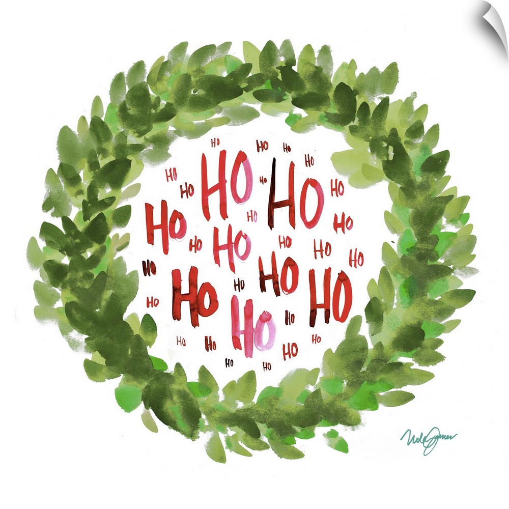 Square watercolor painting of a green Christmas wreath with "Ho" written inside in red several times.