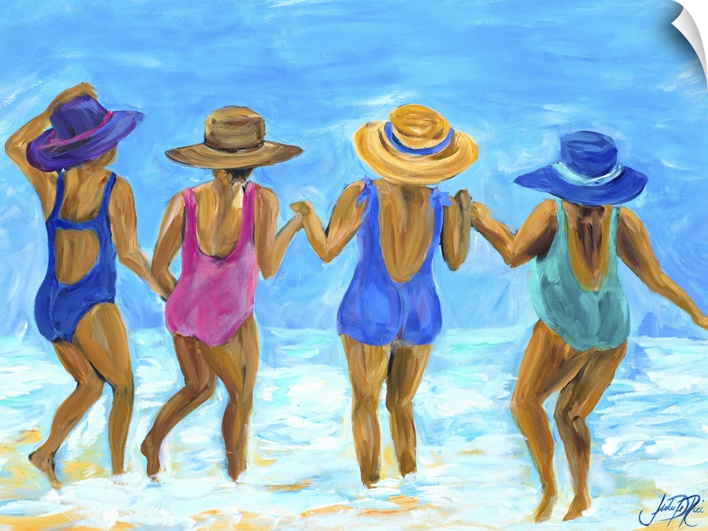 Painting of four ladies in hats and swimsuits playing in the ocean.
