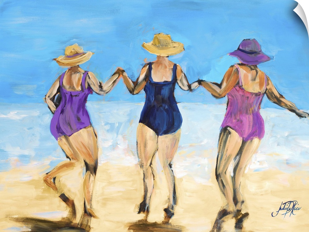 Painting of three ladies in hats and swimsuits playing on the beach.