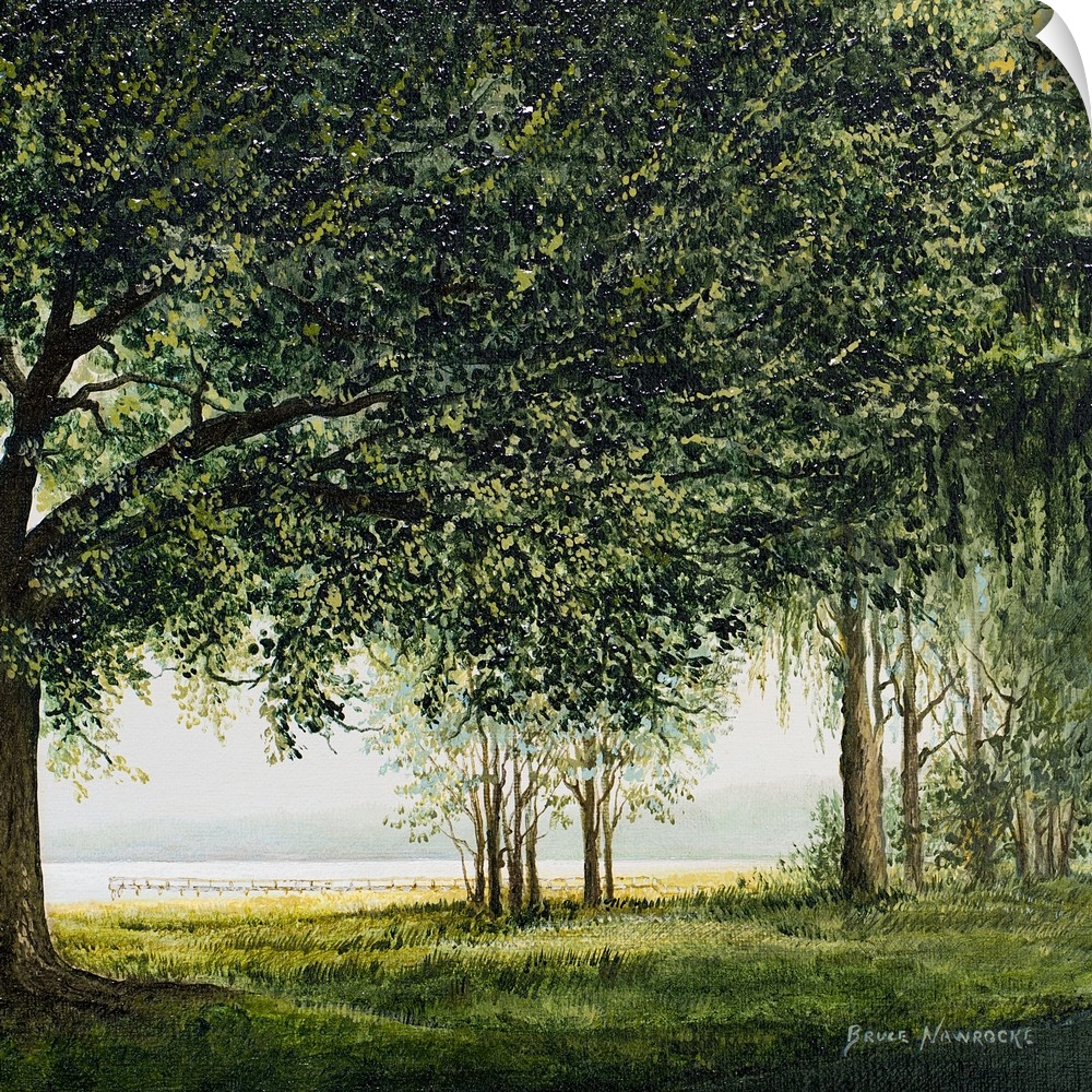 Contemporary painting of trees along the edge of a lake.