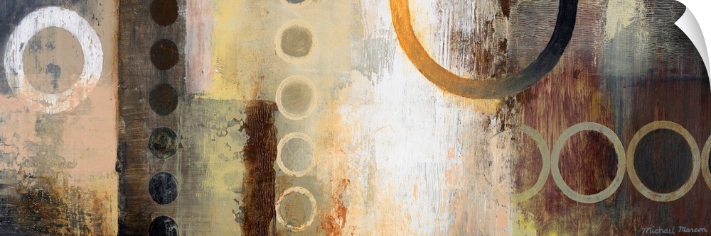 Abstract artwork featuring multiple circular shapes in mostly neutral tones.