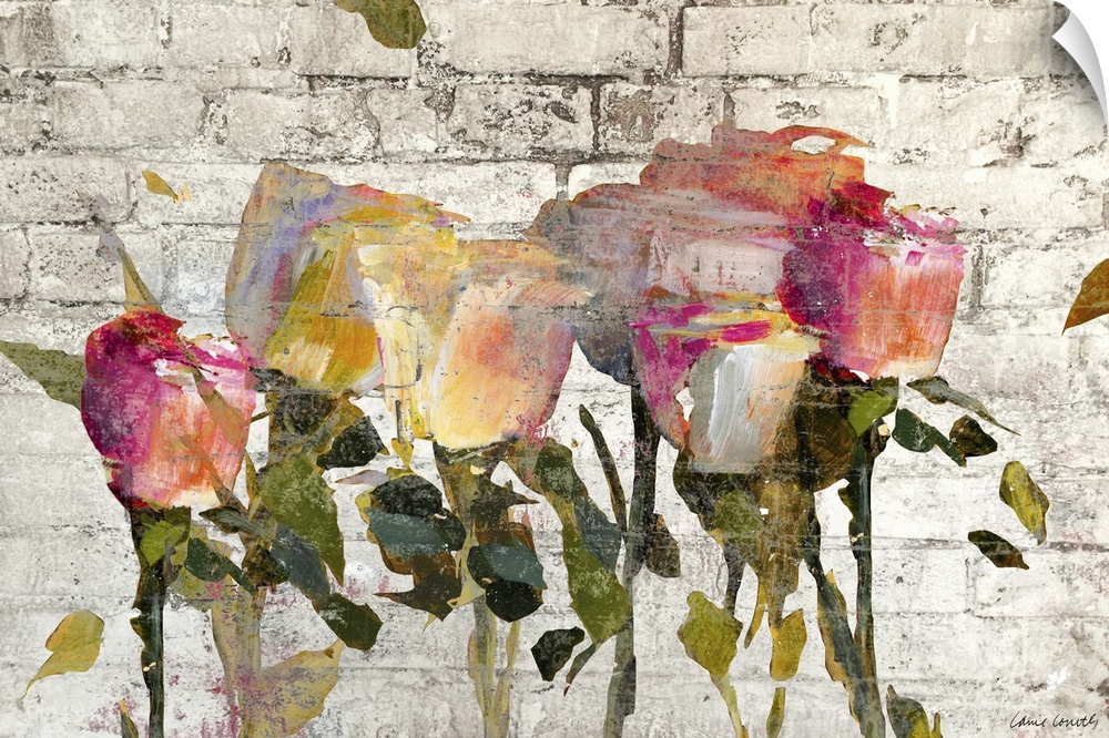 Painting of a group of roses on a white brick background.