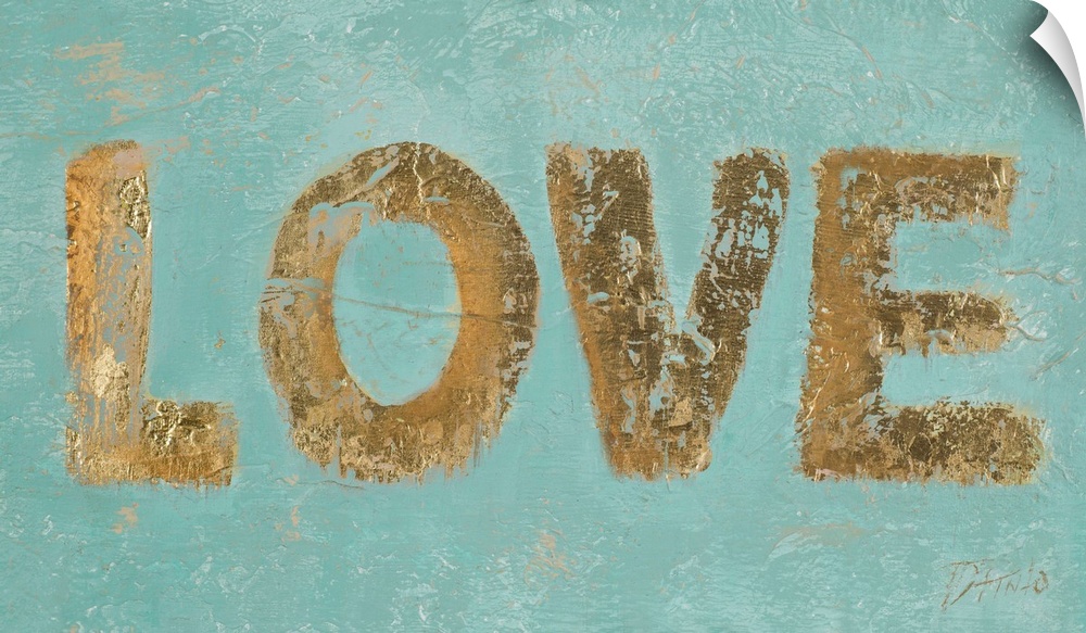 "LOVE" n metallic gold on a teal textured background.
