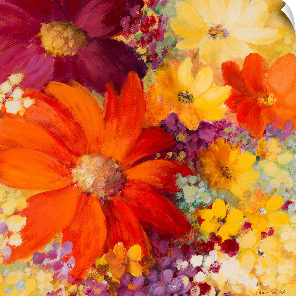 Closeup artwork of a variety of blooming flowers in mostly vibrant tones.