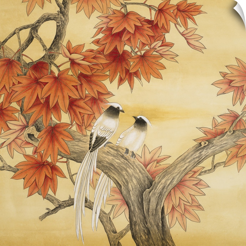 Square watercolor painting of birds in warm tones with an Asian-inspired flair.
