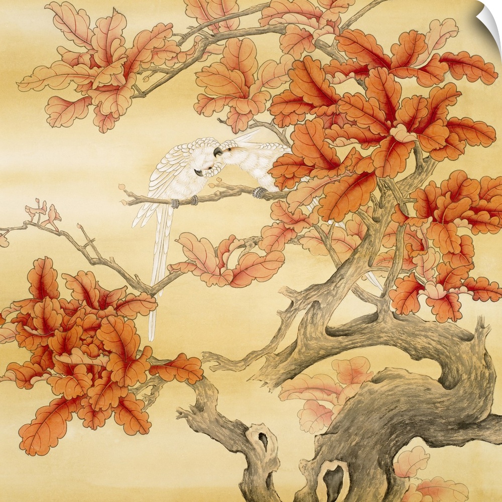 Asian artwork of two parrots preening in a tree with broad fall leaves and knotted branches.