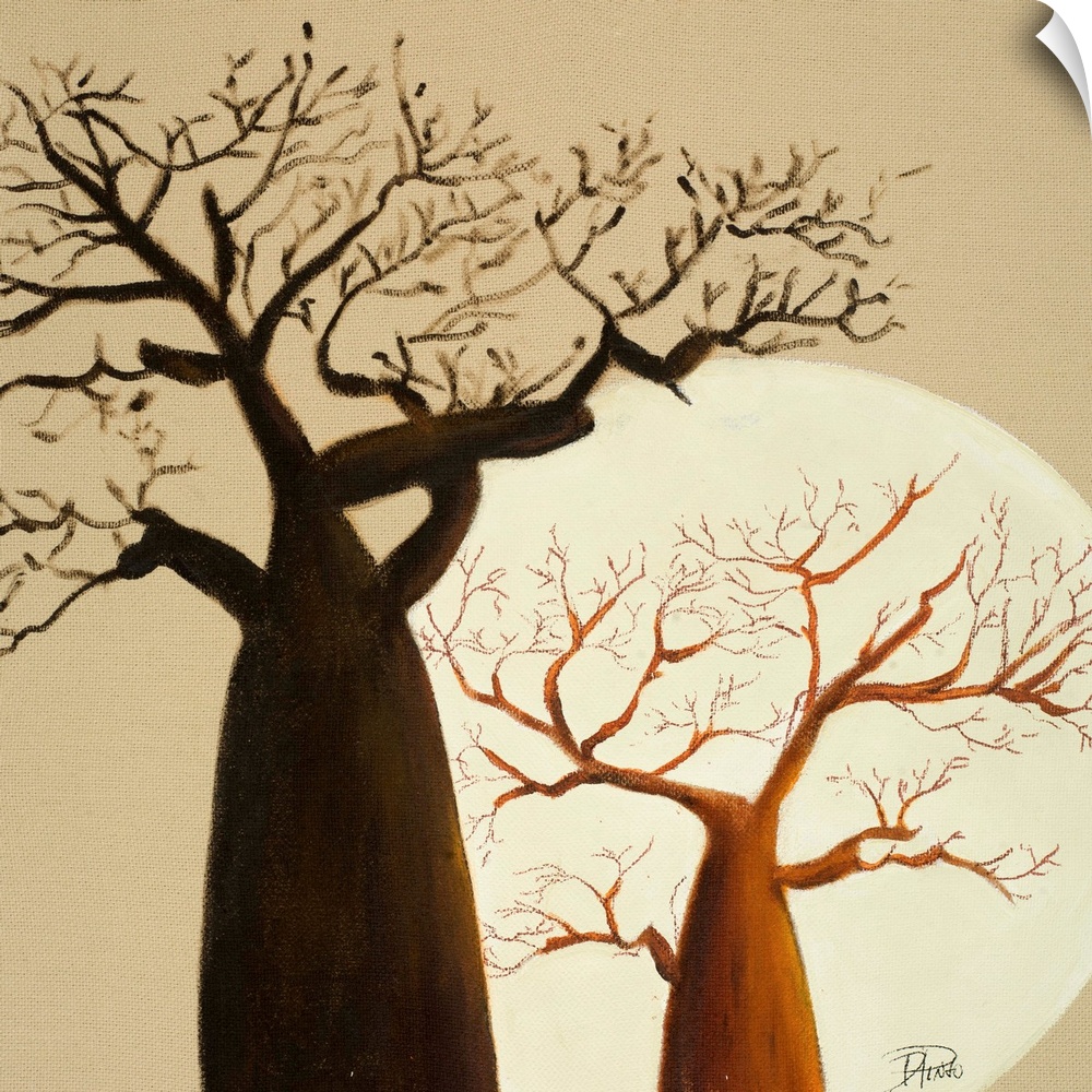 Decorative artwork of two large baobab trees against a neutral background.