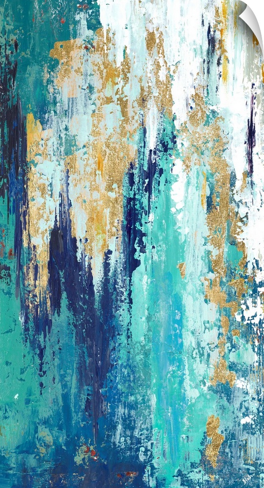 Tall abstract painting with long vertical brushstrokes of color in shades of blue with some white and metallic gold.