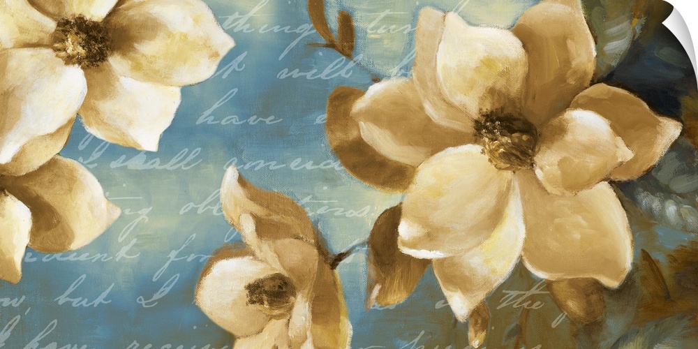 Docor perfect for the home of white magnolias that has delicate cursive text written over the painting.