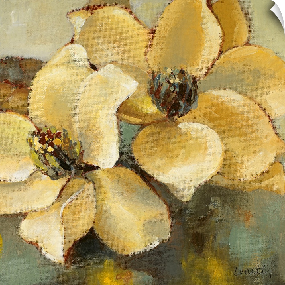Large wall picture of two magnolia flowers in a mixture of warm and neutral but overall relaxing tones.