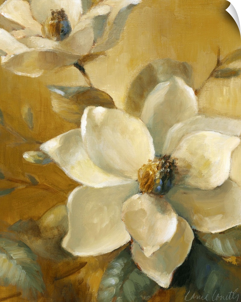 A classic painting perfect for the home of white floras with large bulb centers. The background has a gold coloring to it.