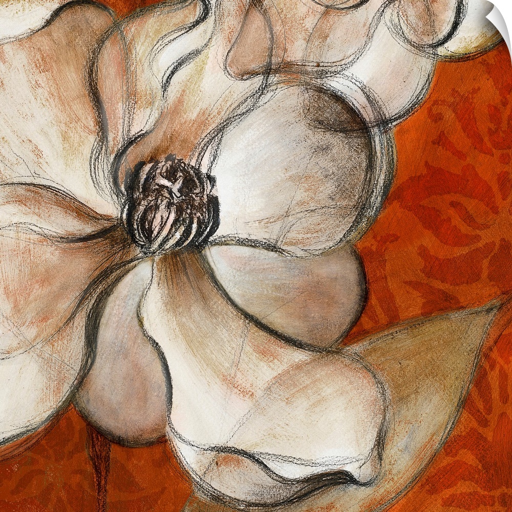 Closeup painting of a blooming magnolia flower in neutral tones against a bright background.