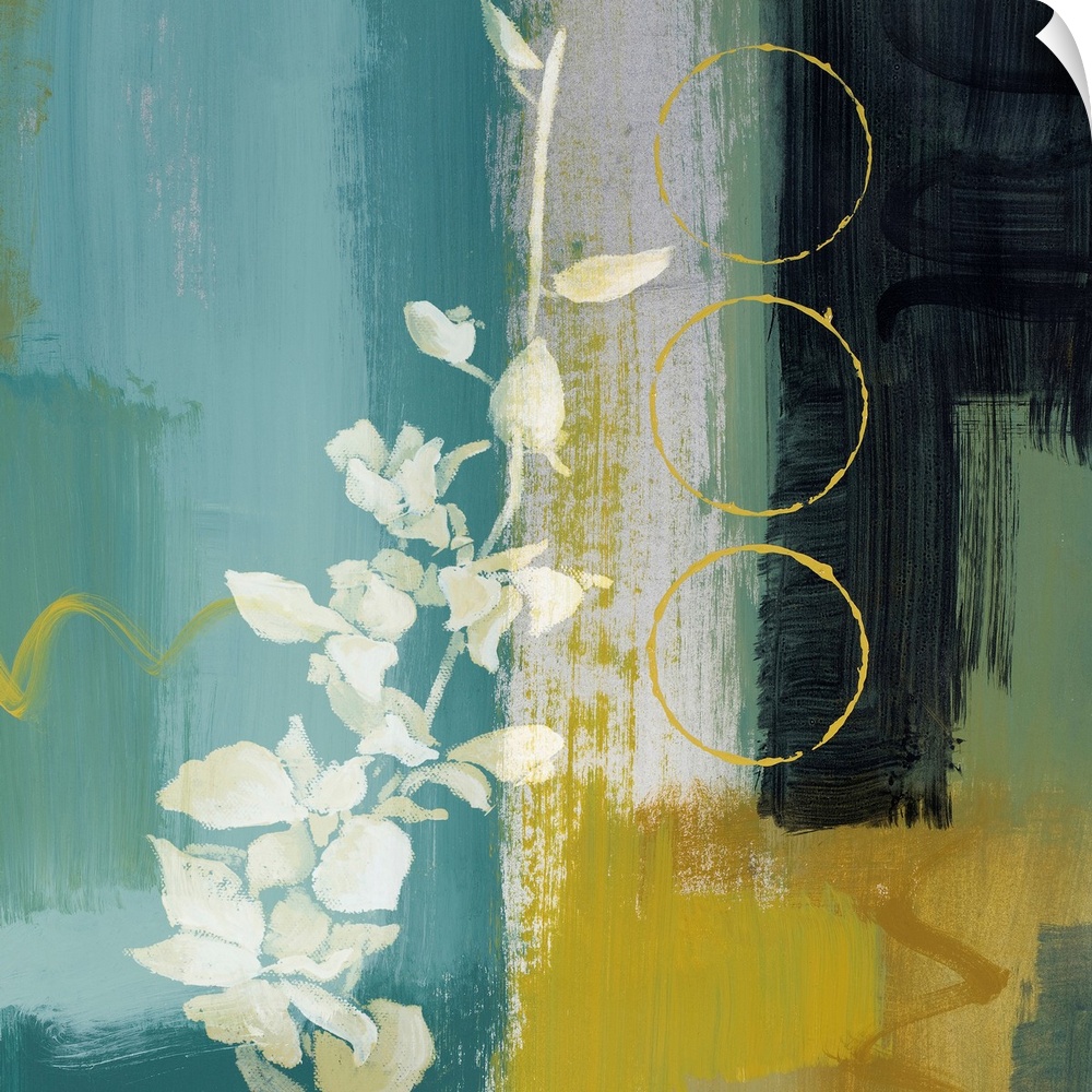 Contemporary painting of flower filled branch with abstract background and three circle outlines.