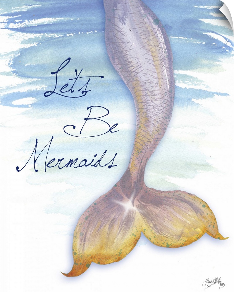 Painting of a pink mermaid tail with shining scales.