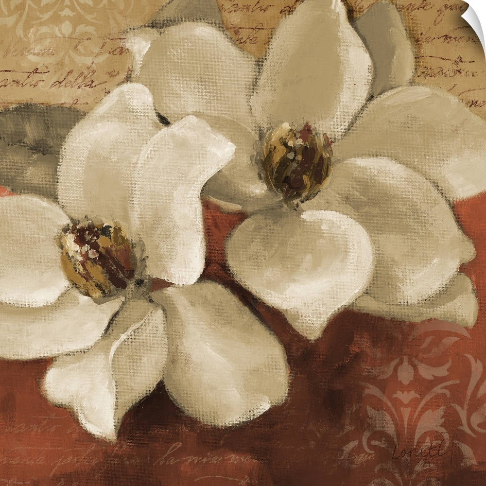 Square painting on canvas of two large flowers with patterns in the background.