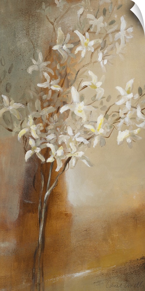 Painting of flowers against a grungy earthy backdrop.