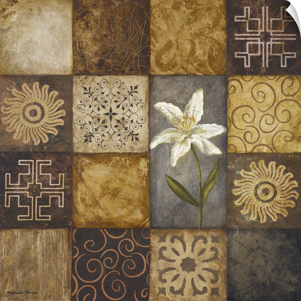 Square painting on canvas of different titles with various patterns and shapes and a colored flower in the middle.
