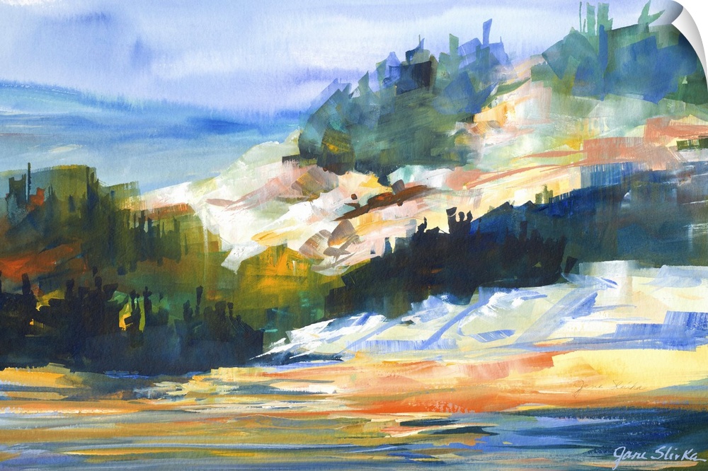 Colorful landscape painting of a mountainous coastline.