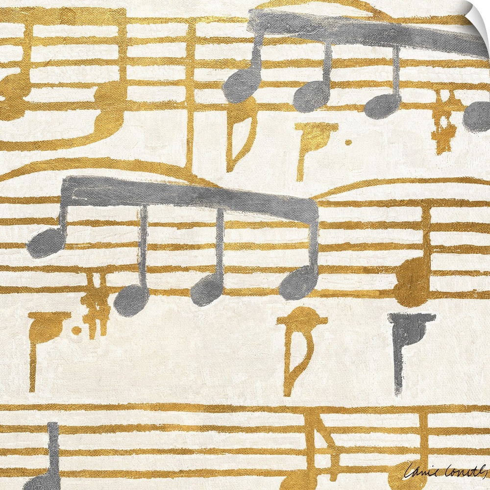 Square painting of gold and silver music stanzas.