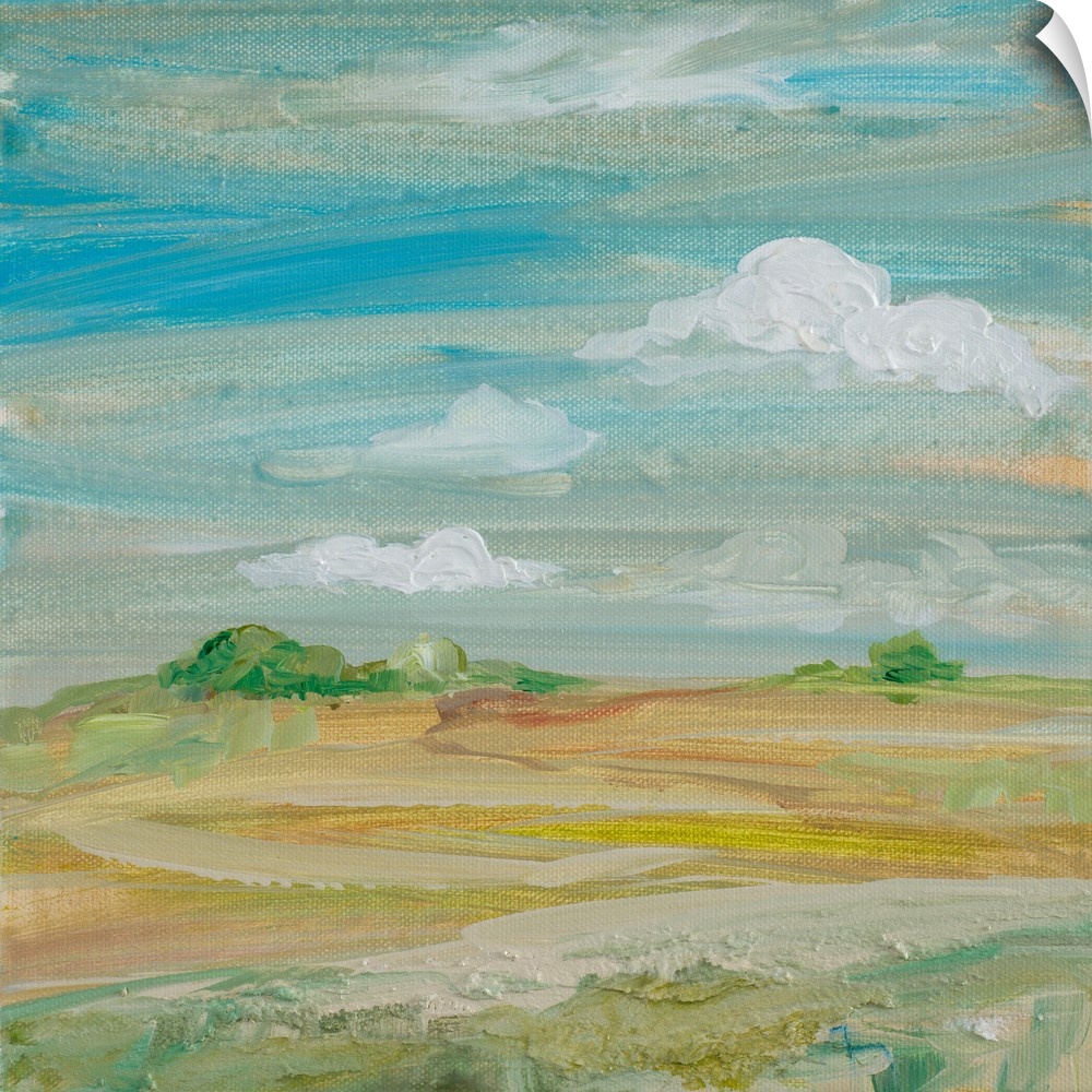 Contemporary painting of a landscape under a cloudy sky.