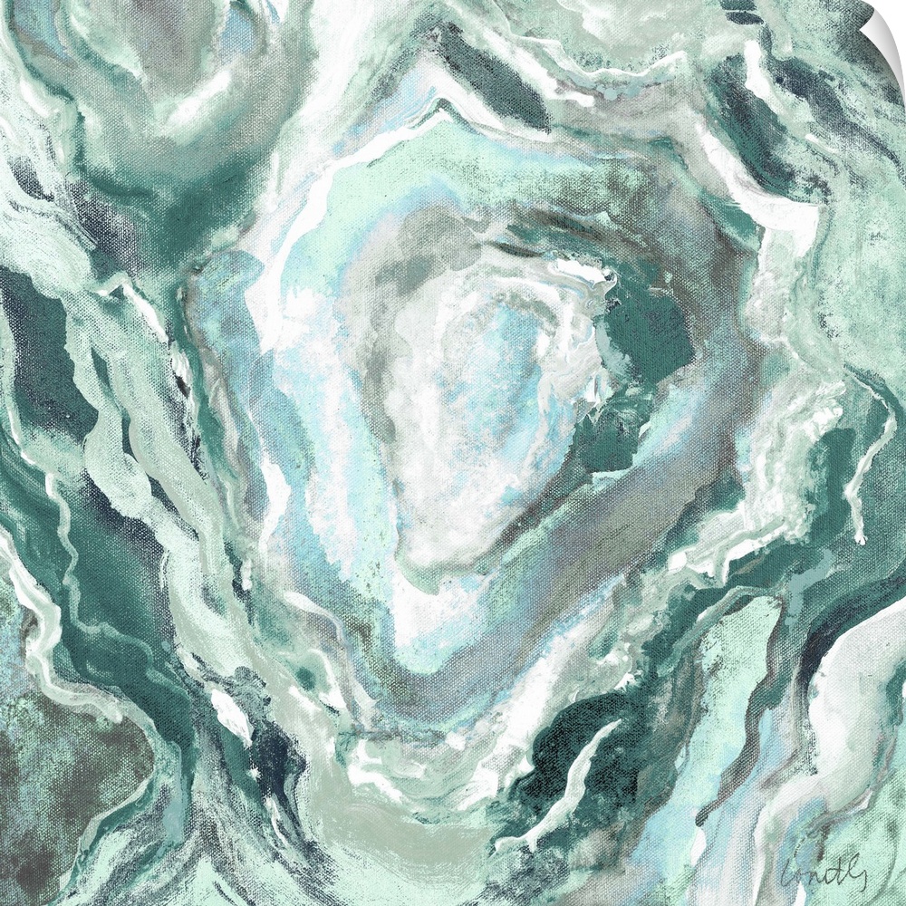 Square abstract painting of quartz showing the agate in shades of green, blue, and white.