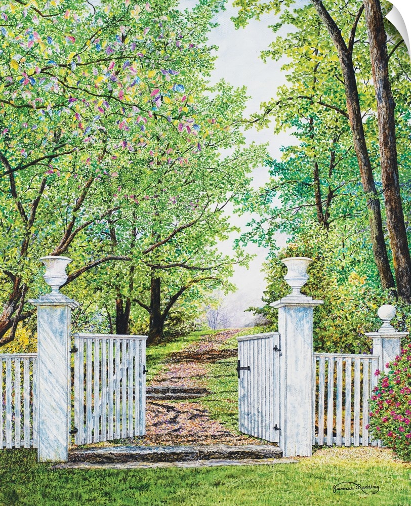 A contemporary painting of a white gate leading to a path lined with green trees.