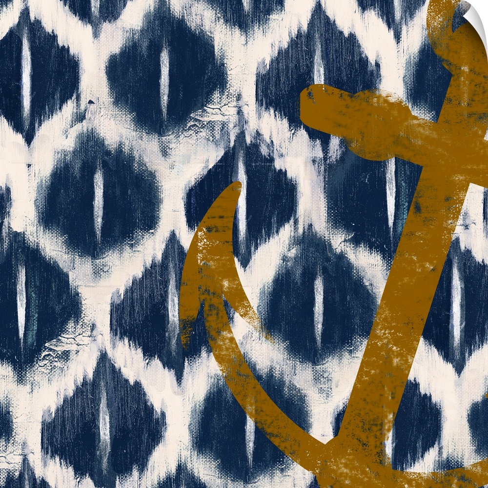 Square painting of a boat anchor on top of a background of various shapes outlined in white.