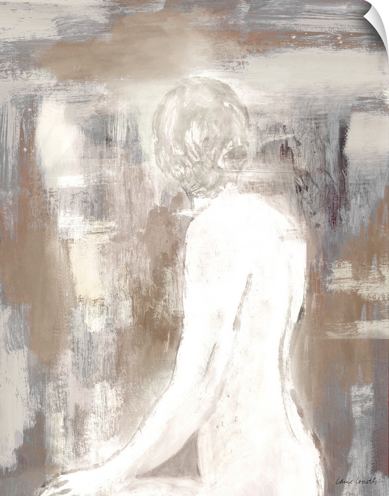 Contemporary painting of a nude figure on a textured brown background.