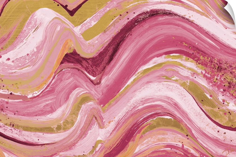 Contemporary abstract painting with wavy lines piled on top of each other in shades of pink with gold highlights.