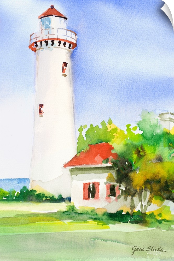 Contemporary painting of a white lighthouse near green trees.