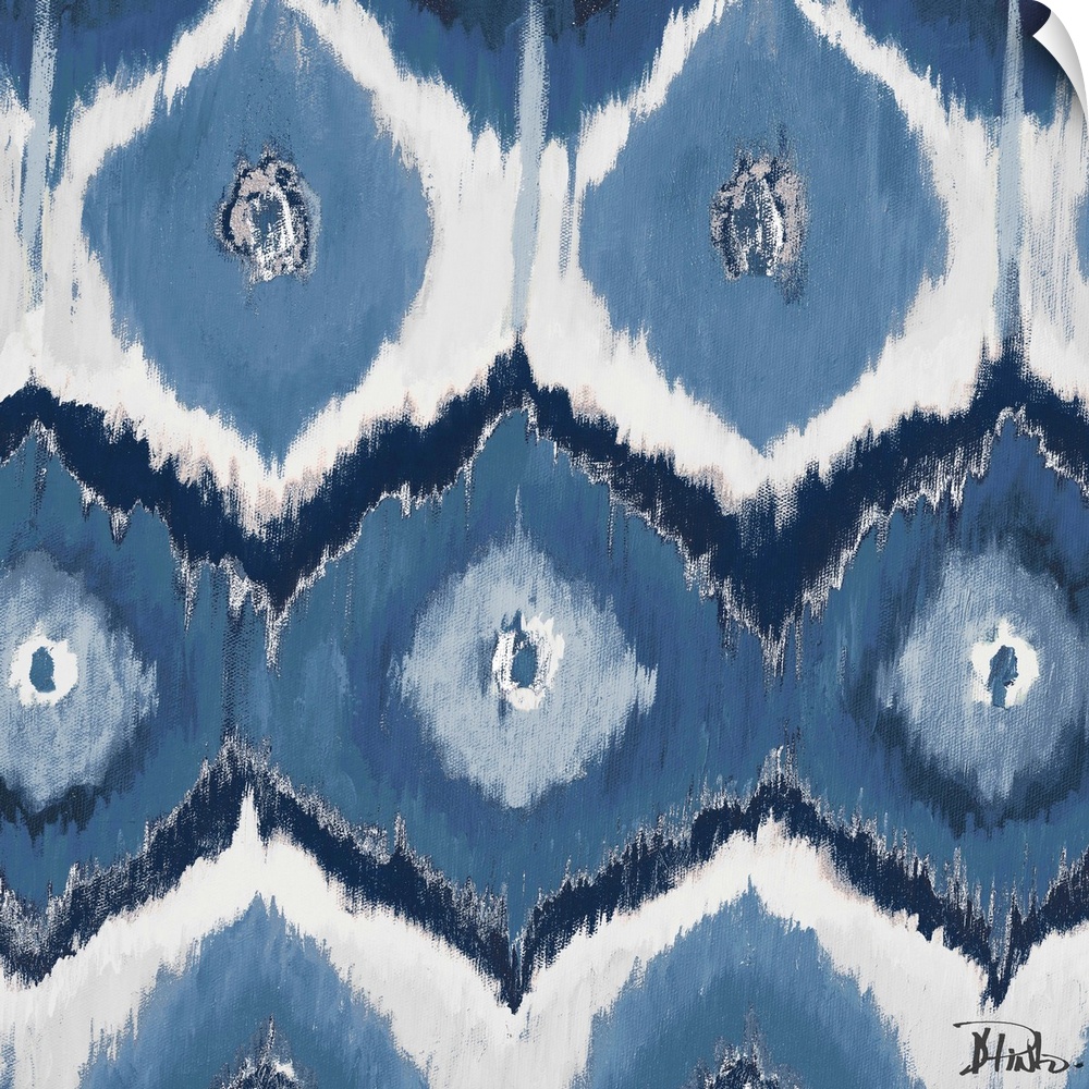 Contemporary painting of an Ikat pattern in tones of blue and gray.