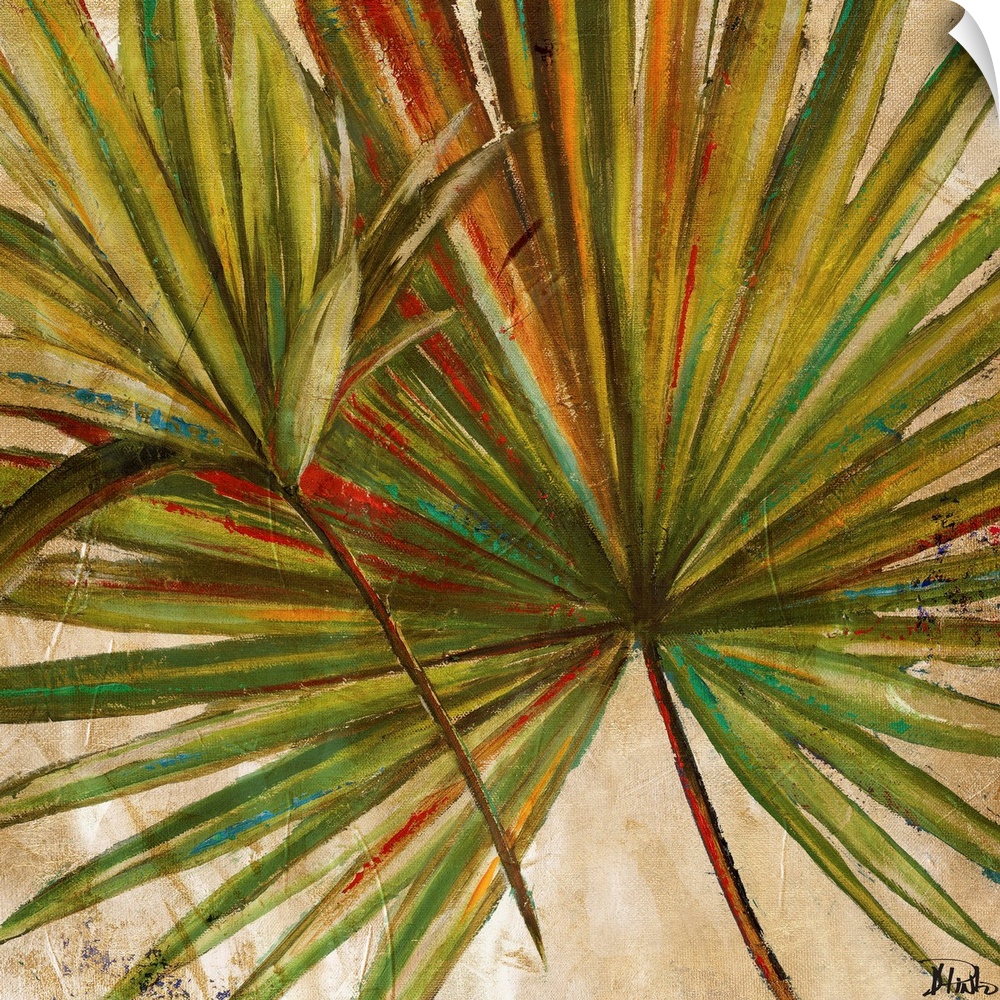 Painting of a vibrant green palm frond against a beige background.