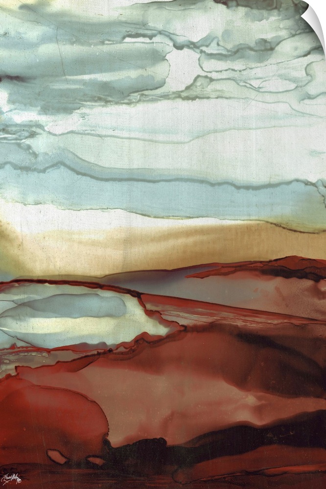Abstract painting with slate blue, tan, and crimson red hues layered together to resemble a sky.