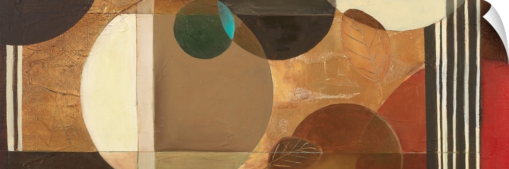 Long panoramic abstract painging with earthy neutral colors in circles and vertical lines.