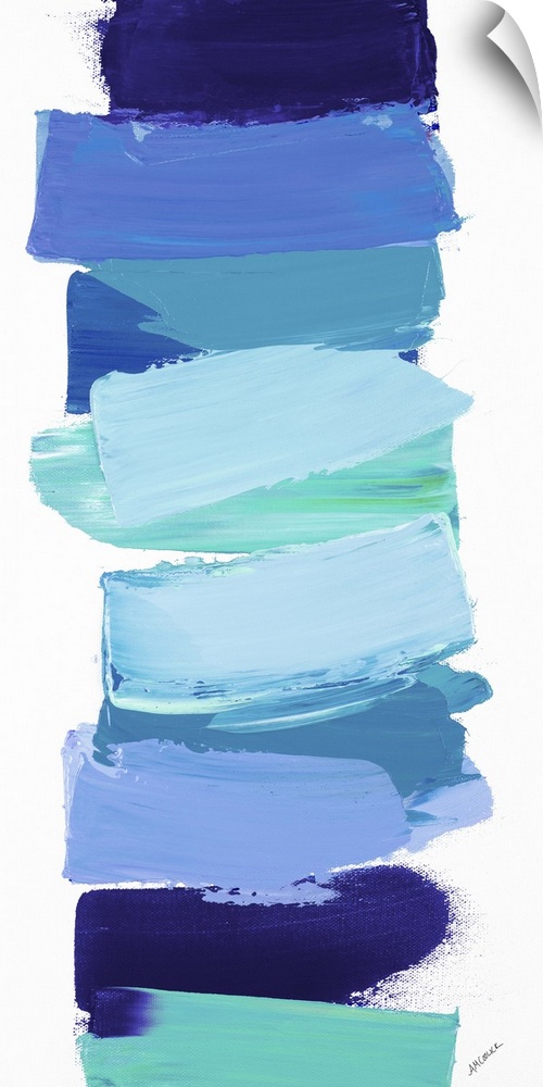 Vertical contemporary painting of shades of blue stacked in a line.