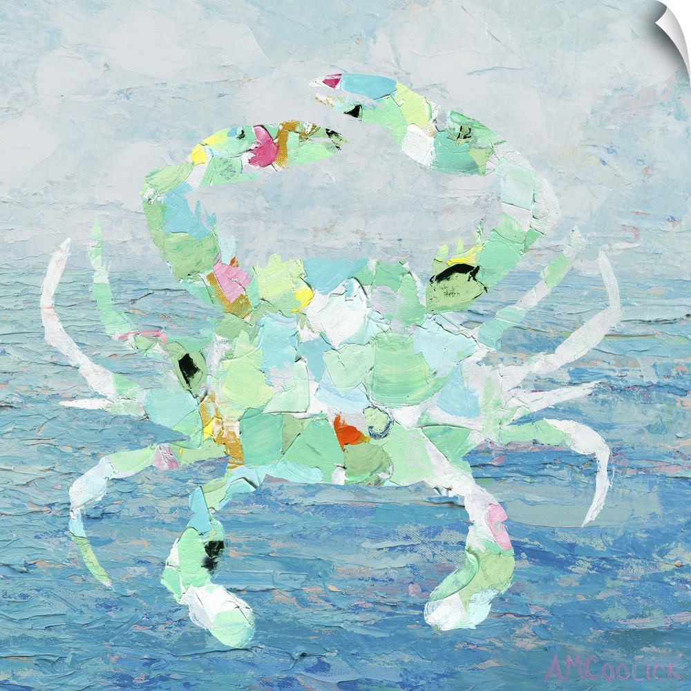 Shape of a crab in mint green and white over a blue ocean.