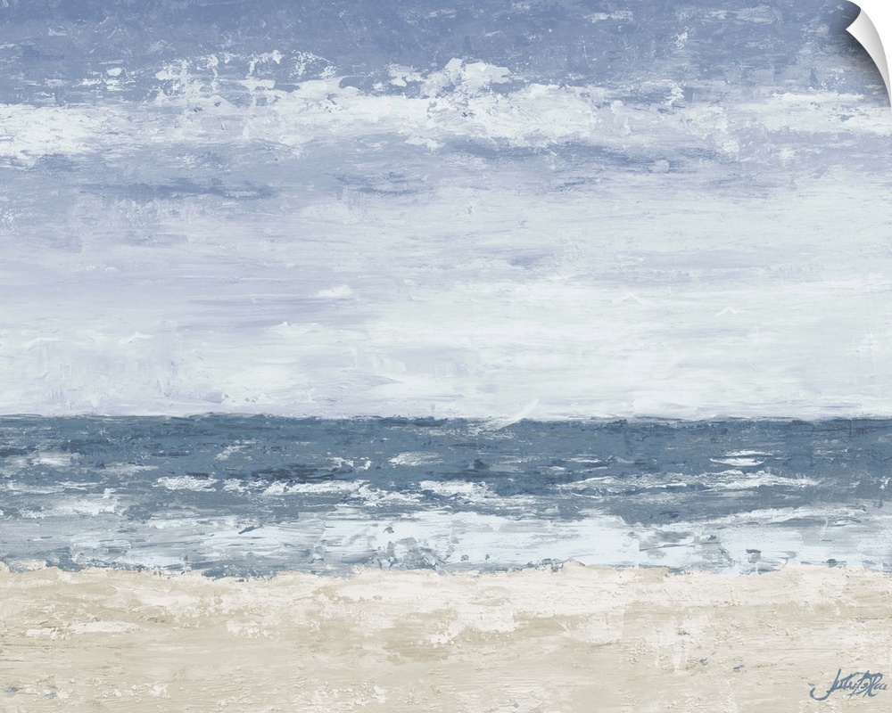 A contemporary abstract painting of the beach with muted tones.