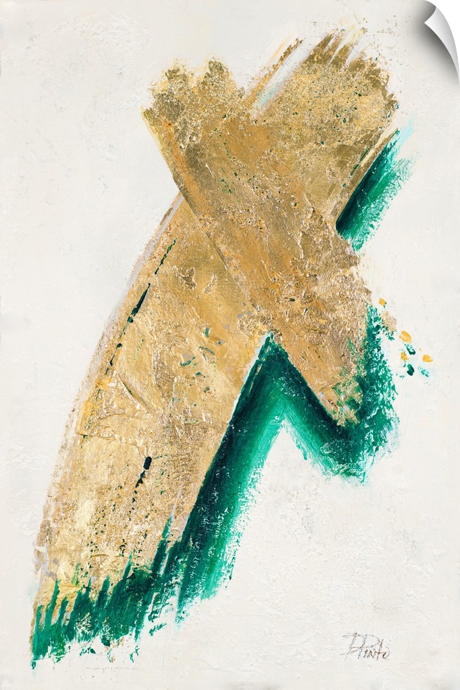 Abstract painting with two brushstrokes creating an "X" shape in metallic gold with a teal underlay.