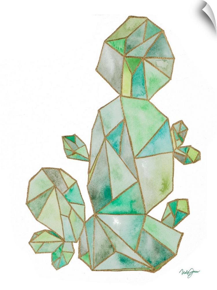 Watercolor painting of a cactus created with metallic gold geometric shapes.