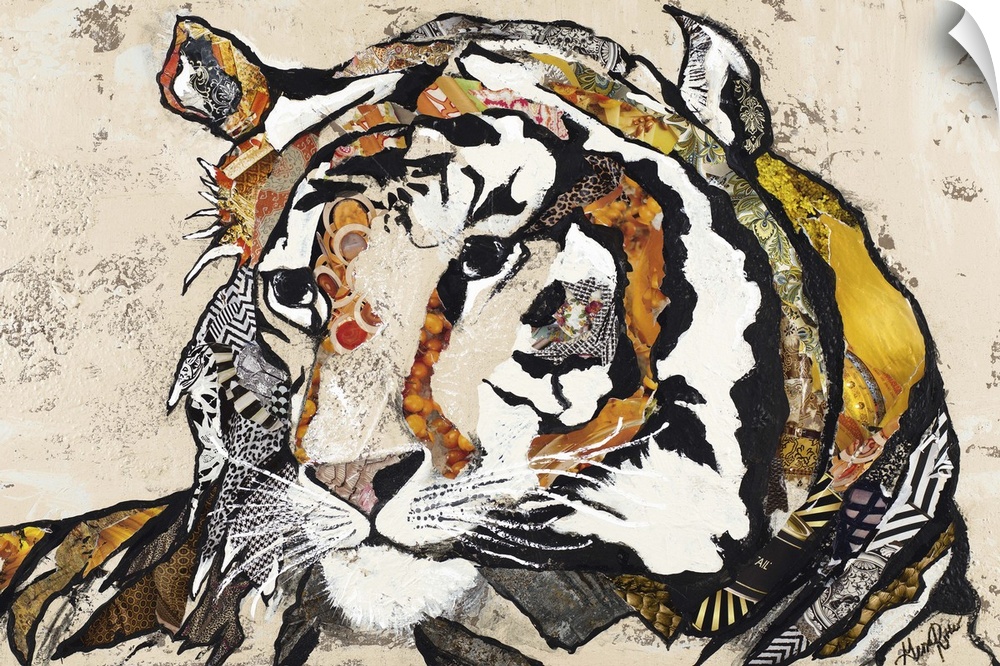 Painting of a majestic tiger with patterned elements in his stripes.